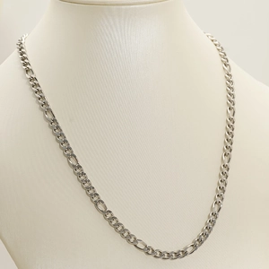 Vertical view of a silver Figaro chain necklace displayed on a mannequin head stand