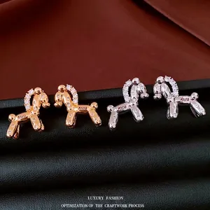 Balloon Dog Stud Earrings With Silver Earring Post 18K Gold Plated Copper Cubic Zirconia Inlaid Animal Jewelry For Women