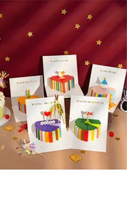 Set of 5 3D popup birthday cards featuring multi-layered paper cake designs and festive stars