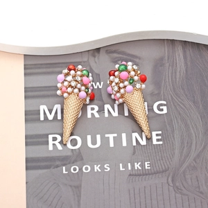 Colorful rhinestone ice cream cone stud earrings featuring alloy pearls and gold finish