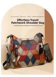 Detail of multi-color geometric patchwork tote bag with ethnic style printed wide strap