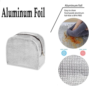 Insulated lunch bag detail showing waterproof aluminum foil interior and easy cleaning features.