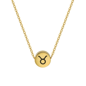 Collana in acciaio al titanio dorato con ciondolo tondo segno zodiacale Toro su sfondo bianco