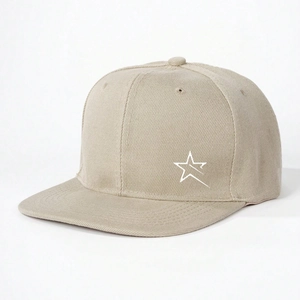 Beige flat brim baseball cap featuring a white star outline with adjustable fit