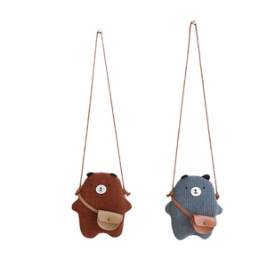 Cute teddy bear crossbody bag for children made of corduroy fabric in brown and gray