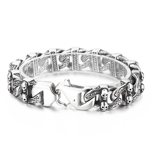Retro gothic skull Cuban chain bracelet in vintage silver stainless steel for men