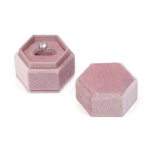 Pink hexagonal velvet jewelry ring box shown in open and closed views on white background