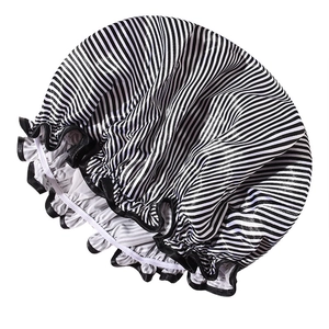 Detail showing black and white striped waterproof shower cap with elastic ruffled edge
