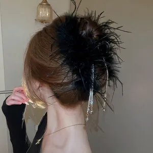 Elegant Feather Hair Claw Clip With Long Rhinestone Tassel Alloy Acrylic Crystal Shark Clip For Women Party Accessories