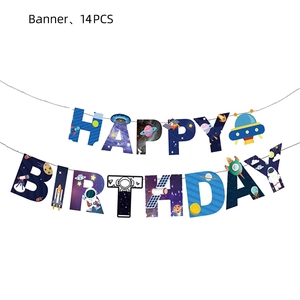 Space-themed Happy Birthday banner with astronaut and rocket designs for party decor