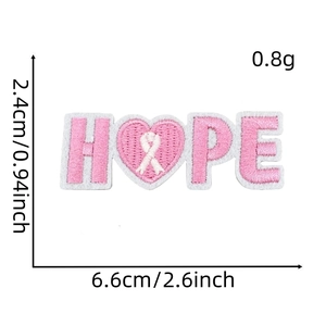 Detail view of HOPE pink ribbon embroidery patch with size dimensions and measurements
