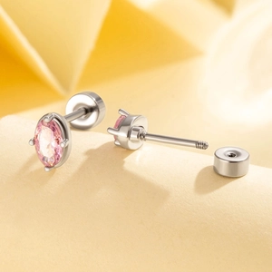 Geometric silver stud earrings with oval pink zircon and secure flat back screw posts