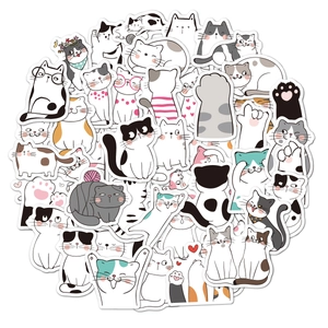 Close-up of waterproof cartoon cat stickers set featuring various cute poses and breeds