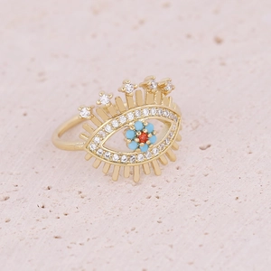 Luxurious gold eye ring with inlaid micro zircon and colorful center gemstones