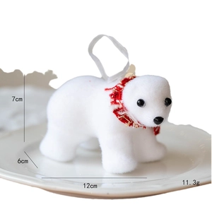 White flocked polar bear ornament with red scarf for Christmas tree decoration 12x7cm