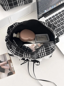 Trousse à maquillage à carreaux avec dentelle et nœud, grand sac cosmétique