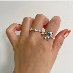 Minimalist 925 sterling silver ring set featuring a 3D teddy bear and heart patterns