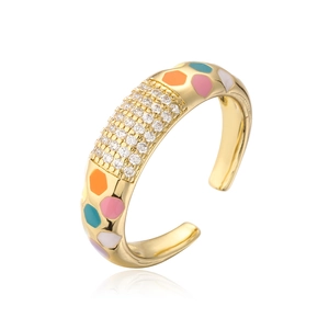 Detail of 18K gold plated adjustable ring with colorful enamel and cubic zirconia stones