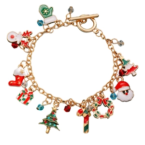 Detailed view of Christmas charm bracelet with enamel Santa, reindeer and tree pendants