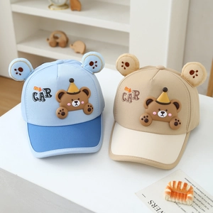 Kids cartoon baseball caps with cute bear patches and 3D ears for outdoor sun protection