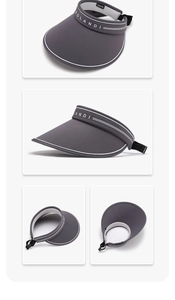 Detailed views of dark grey wide brim sun visor with breathable mesh and adjustable strap