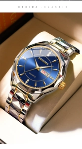 Close-up of Dedima quartz watch with blue dial, date display, and gold accents