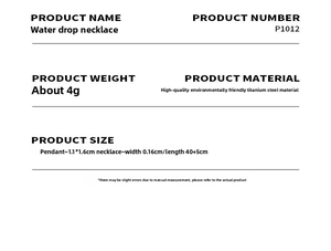 Detailed specifications of the waterdrop titanium steel necklace including size and weight