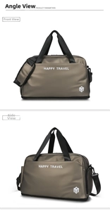 Detail view of khaki waterproof travel bag with reinforced handles and sturdy metal hardware