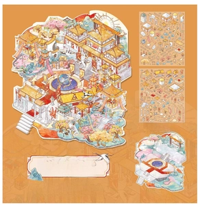 Detail of 3D mythical palace stickers featuring cranes, clouds, and DIY background board