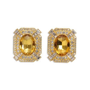 Boucles d'oreilles vintage en or avec grand cristal jaune ovale et bordure strass
