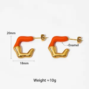 Modern irregular U-shape gold earrings with orange enamel, 20mm x 18mm size, 10g weight