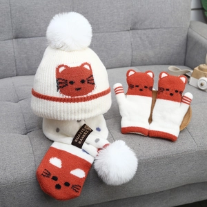 Children Winter Knit Beanie Scarf And Mittens Fleece Lined Warm Thick Pompom Cartoon Cat For Toddler Boys Girls