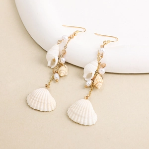 Bohemian beach seashell and pearl drop earrings with long gold tassel chains for women