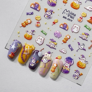3D embossed Halloween nail stickers with cute pumpkin and ghost designs for festive art
