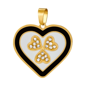 Golden heart pendant with white enamel clover and zircon insets on white background