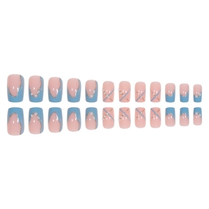 Short square press-on nails set in pink and blue contrast with pearls and gold glitter