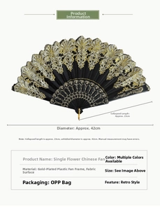 Detailed chart showing Chinese style folding fan dimensions 23cm closed and 42cm opened
