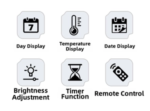 Detail showing LED digital clock features including date, temperature and remote control