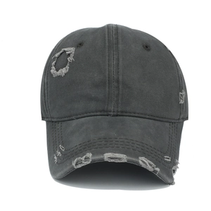 Distressed dark gray cotton baseball cap with retro street style holes and curved brim