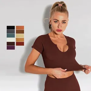 Women Seamless Ribbed Yoga T-Shirt U Notch Neck Short Sleeve Crop Top Quick Dry Fitness Gym Running Athletic Workout Top