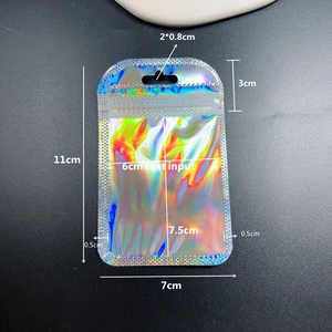 Detailed dimension chart for holographic laser resealable bag with hanging hole and zip lock