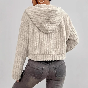 Back view of a cropped off-white plush hoodie jacket with soft faux fur texture