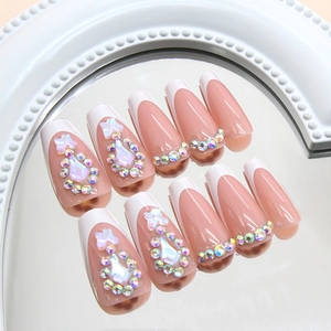 French Tip Press On Nails White Nude Pink Coffin Ballerina Shape Rhinestone 3D Bow ABS Plastic For Women