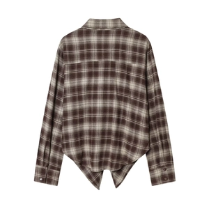 Brown plaid long sleeve shirt with a unique split hem and tailored back silhouette