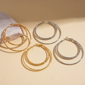 18k gold plated geometric triple-layer hoop earrings with textured inner ring detail