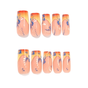 Faux ongles carrés longs dégradé orange style français avec motifs fleurs bleues