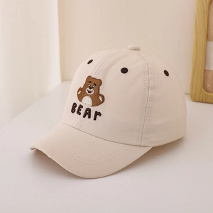 Detail of baby baseball cap with 3D cartoon bear embroidery and stylish BEAR lettering
