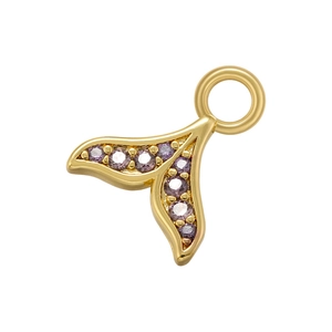 Detail of golden fish tail pendant with micro-inset purple zircons on white background