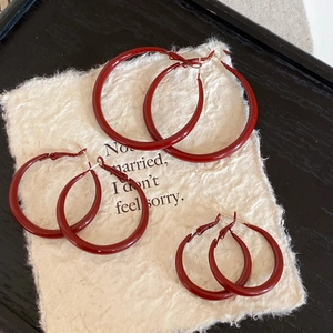 Retro Red Geometric Round Hoop Earrings With Silver Earring Post Painted Alloy Minimalist Fashion Jewelry For Women