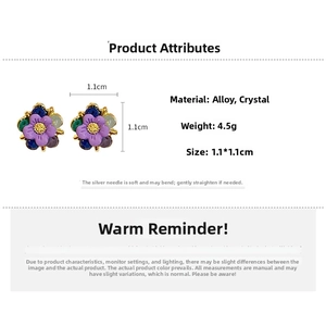 Detail of colorful crystal flower earrings with dimensions and material specifications